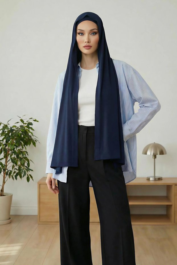 Combed Cotton Boneli Ready-Made Combed Cotton Hooded Shawl Two-Piece Set, Ps-57, Navy Blue