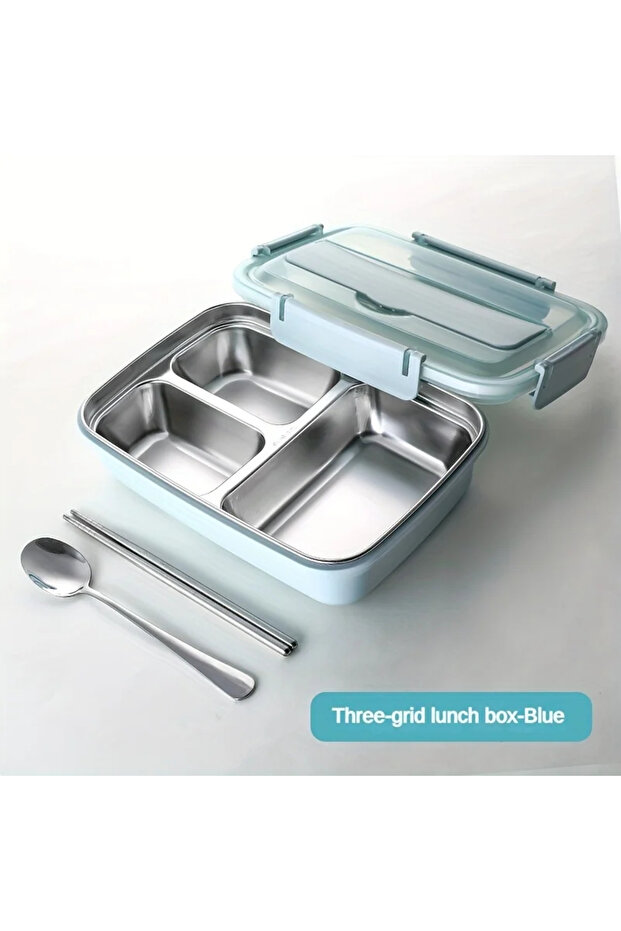 Blue Leak-Proof Stainless Steel Lunch Box With 3/4 Compartments - Durable, Easy-Clean Bento Containe