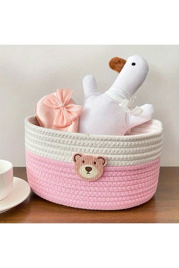 Pink Cute Bear Fabric Storage Basket Woven Organizer Bin for Toys Clothes Home Bedroom Living Room D