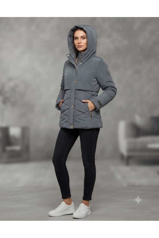 Women's Short Nova Fabric Lining Zippered Inflatable Coat with Hat