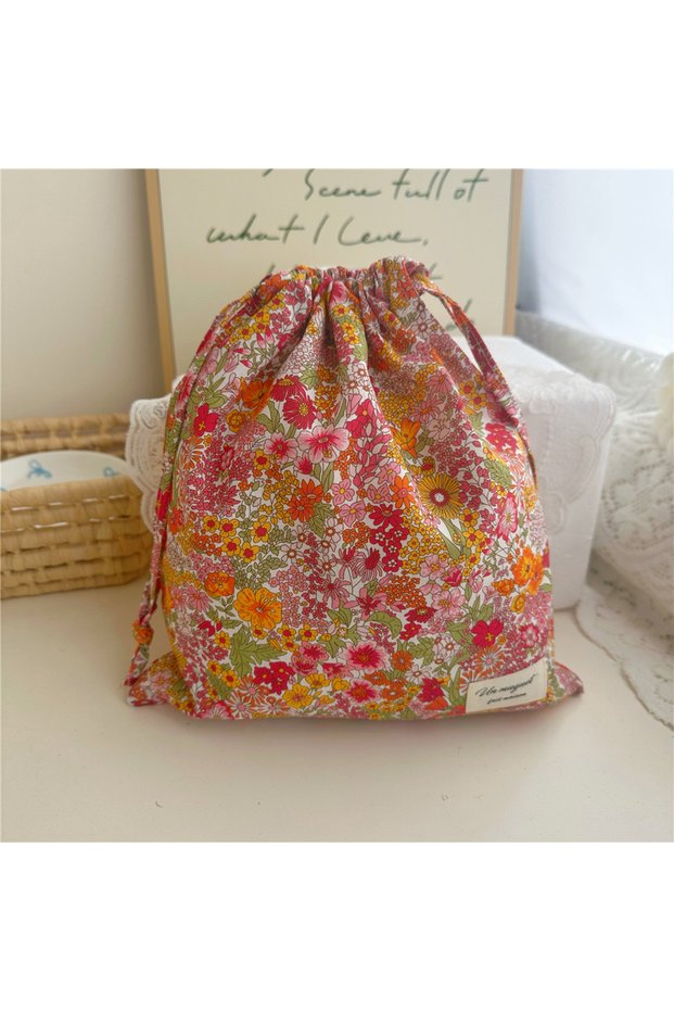 red Portable Organizer Cotton Makeup Bag Travel Underwear Clothing Drawstring Bags Flower Print Mom