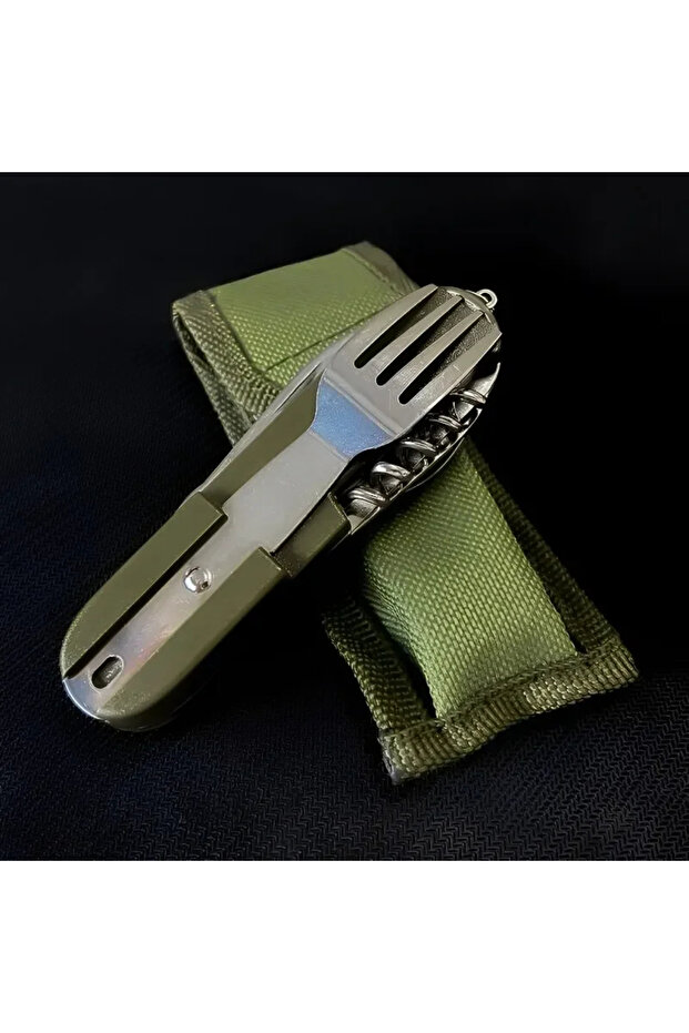 Green Stainless Steel 7 in 1 Camping Cutlery Set - Foldable Multifunctional Outdoor Tableware with F