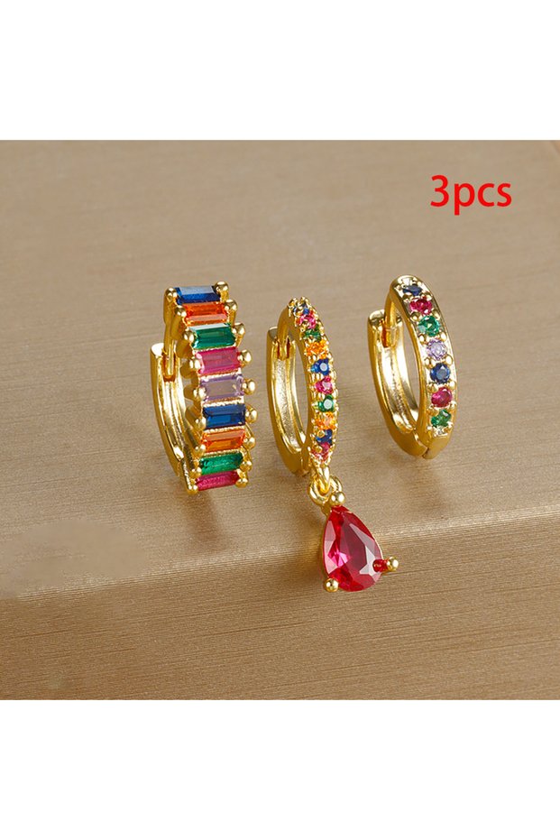 Glod-Multicolour 3PCS Colorful Cubic Zirconia Stainless Steel Hoop Earrings Set for Women Pendant Wa