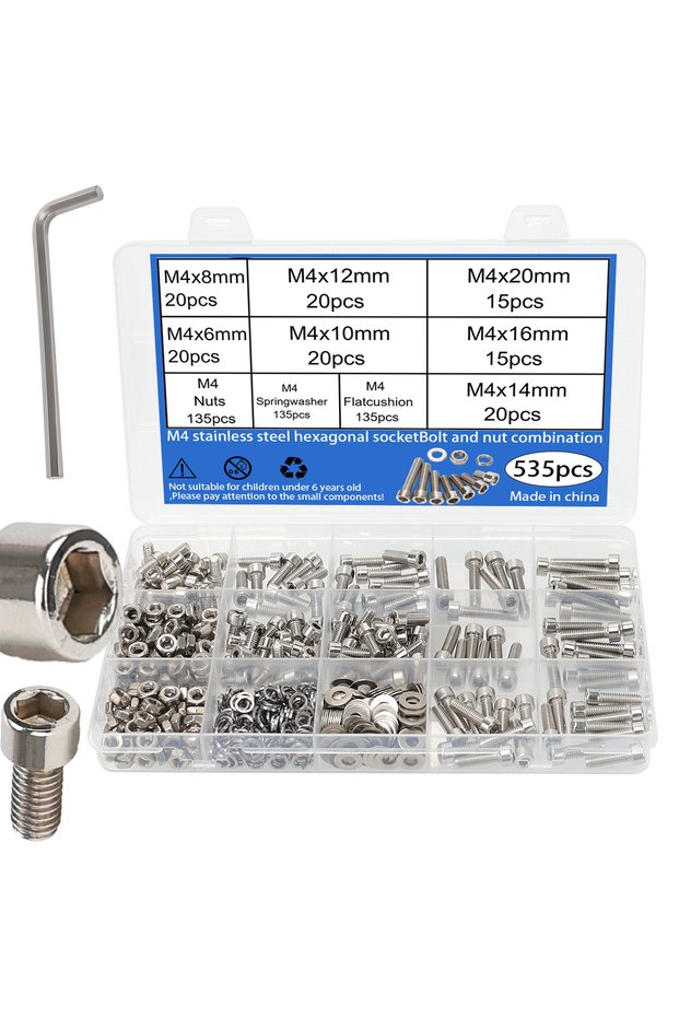 M4-535pcs 600pcs Stainless Steel Hex Socket Head Nuts and Bolts Set - M3, M4, M5, M6 Cup Head Hex So