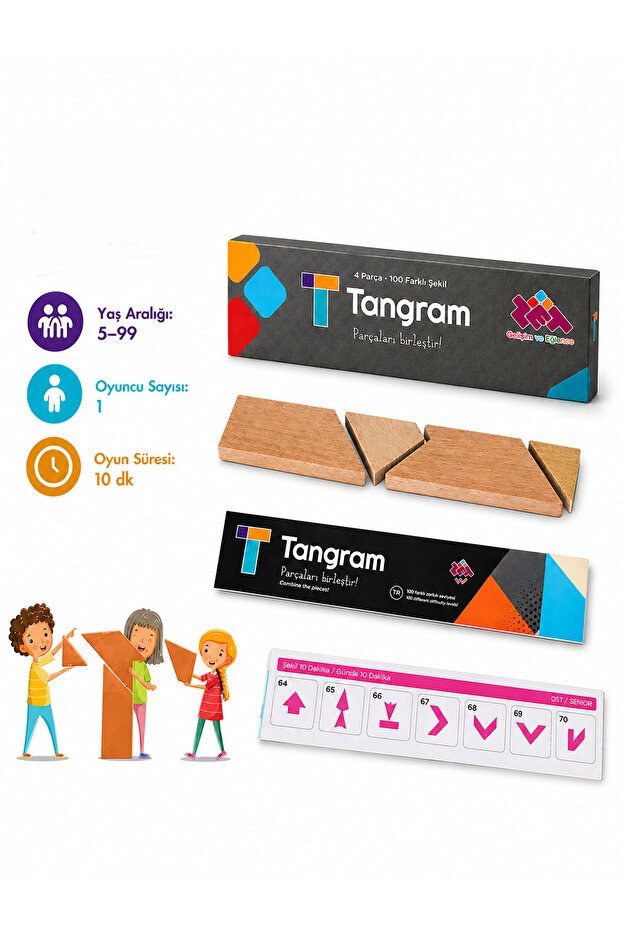 T Tangram Brain Teaser and Mind Game 4 Pieces 100 Different Shapes Ages 5+ 1+ Players