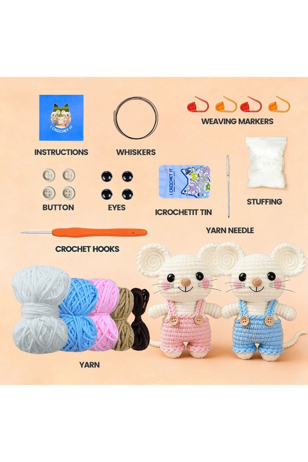 Blue Pink Crochet Kit, Mouse Overalls Crochet Starter Kit For Adult Beginners, Crochet Kits Amigurum