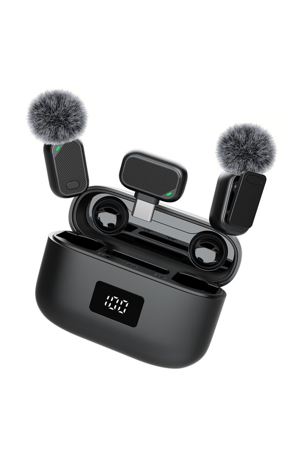 black-Type-C Mini Wireless Lavalier Microphone with Charging Case, 2.4G Noise Cancelling Lapel Mic f