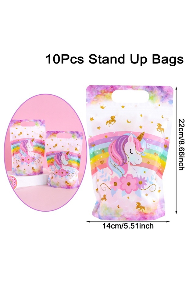 as shown 10pcs 10/20pcs Pink Unicorn Stand Up Bag Baking Cookies Gifts Packaging Plastic Bag For Kid
