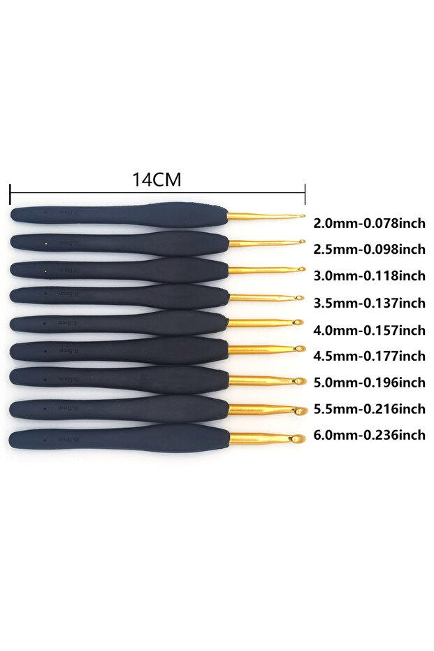 Black Gold 9pcs/set Black Gold Crochet Hooks Needles for Arthritic Hands, 2.0-6.0mm Aluminum Knittin