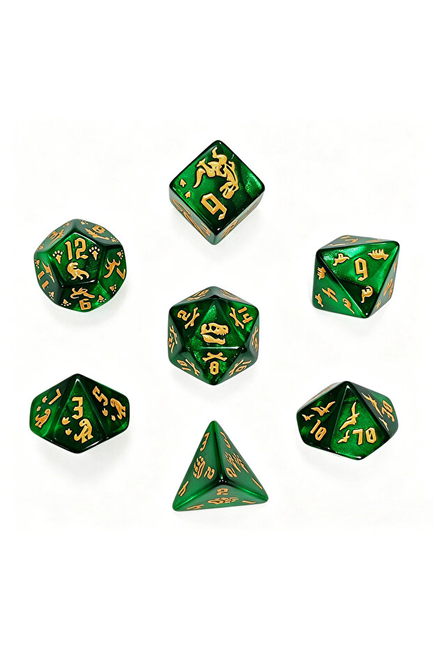 HSWD112 7Pcs Green Dinosaur Polyhedral Dice Set with Gold Skeleton & Footprint Symbols, DND RPG Tabl