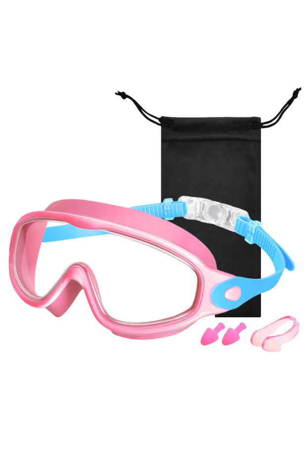 Pink-blue Large Frame Kids Swim Goggles 3-15YDS Boys Girls Youth Wide Vision Anti-UV Anti-Fog No Lea