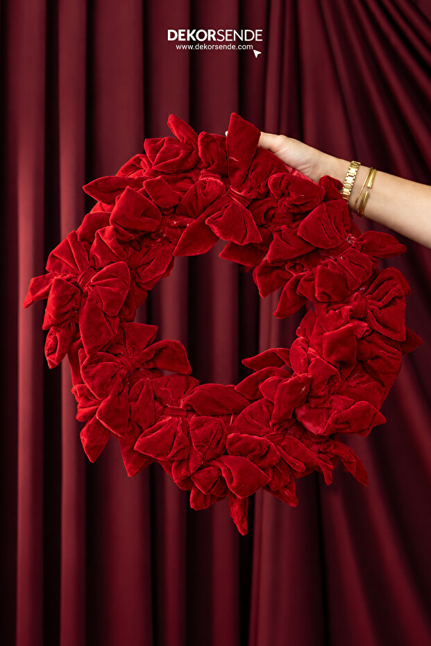 Christmas Bow Velvet Mesh Hoop / Wreath Ornament Red 22 cm