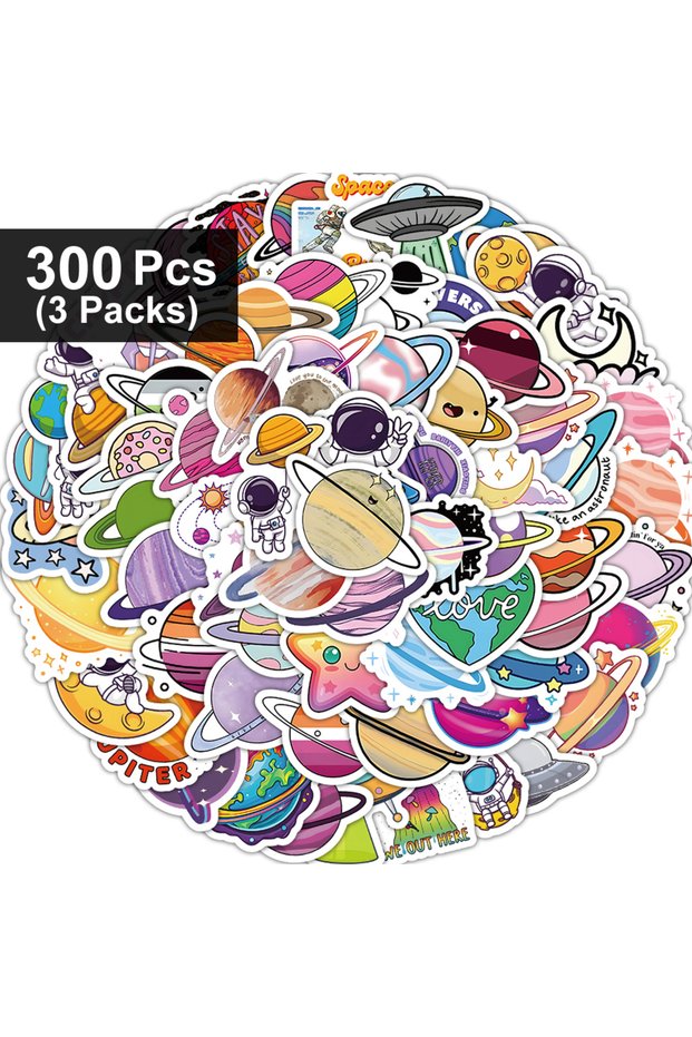 3 packs(300pcs) 50-300pcs Space Planet Astronaut Stickers Cartoon Cute Decals Stationery Guitar Phon