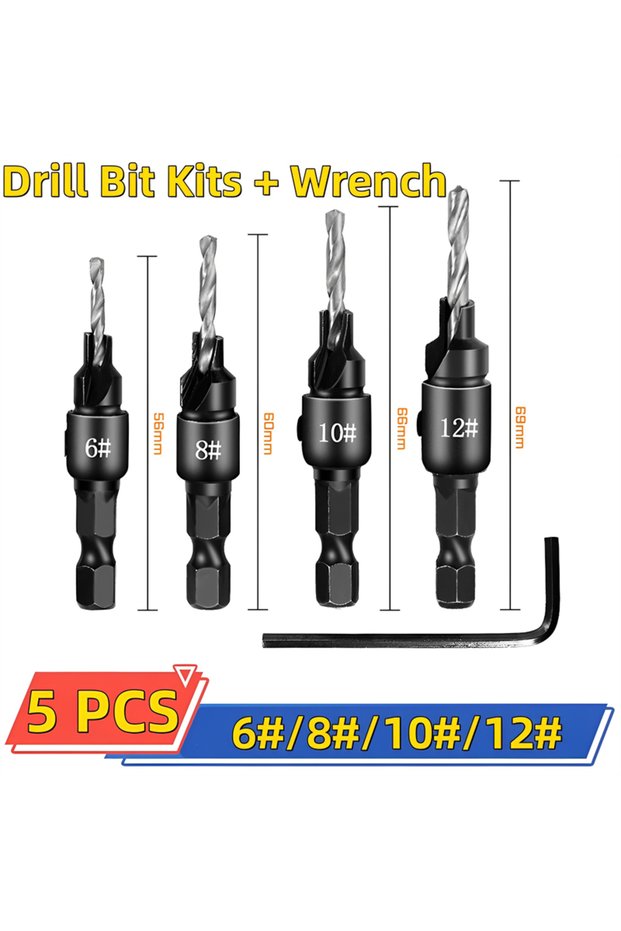 HSS Silver 6-12 5pcs Countersink Drill Woodworking Drill Bit Set Drilling Pilot Holes for Screw Size