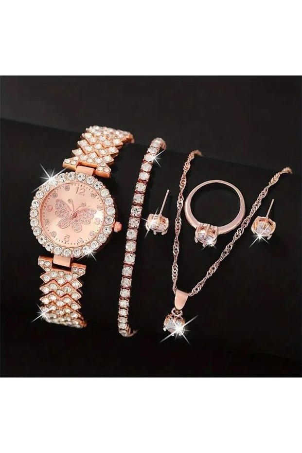Rose Set No Box 6PCS/Set Luxury Rhinestone Butterfly Women Quartz Watch Fashion Ladies Bracelet Stra