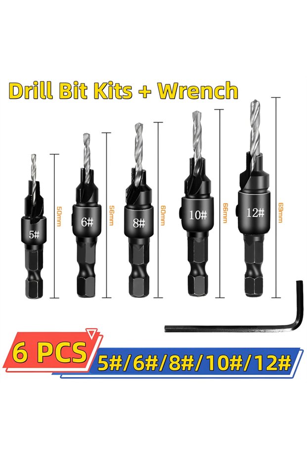 HSS Silver 5-12 5pcs Countersink Drill Woodworking Drill Bit Set Drilling Pilot Holes for Screw Size