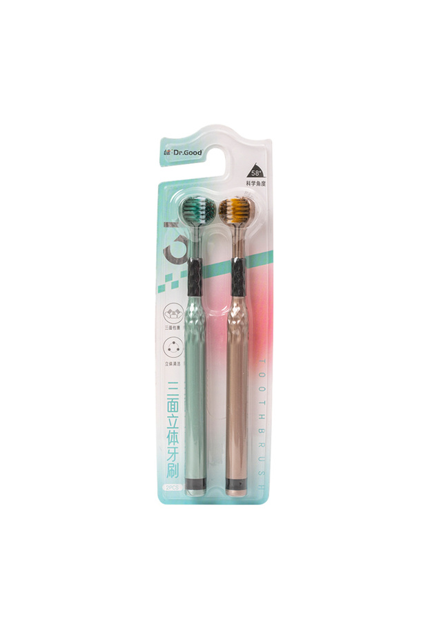 2pcs GreenGold 3-Sided Toothbrush for Comprehensive Cleaning | Ideal Angle Design | Raised Tongue Co