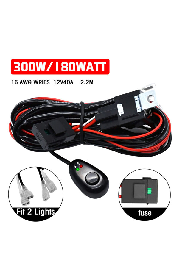 Fit 2 Lights 300W Universal LED Light Bar Wiring Harness Kit 16AWG with 12V 40A Relay On Off Switch