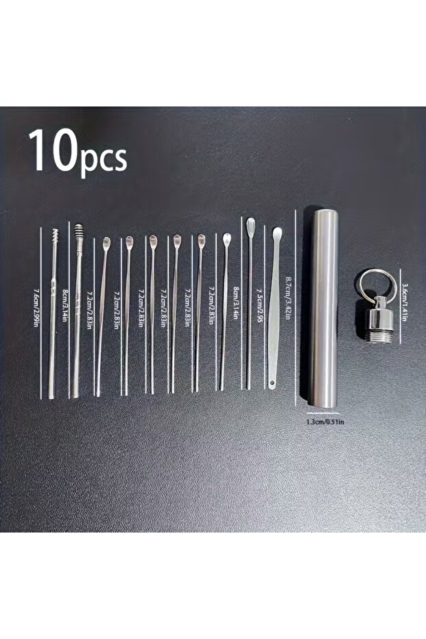 Silver Professional Ear Wax Removal Kit - 10pcs Stainless Steel Spiral & Hook Tools for Home/Clinic