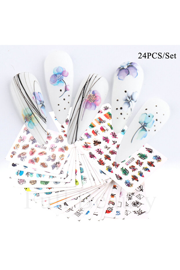 BN2149-60BN2113-24 24pcs / Set Spring Summer nail Sticker Water Decal Nail Art Ink Flowers Leaves Gr