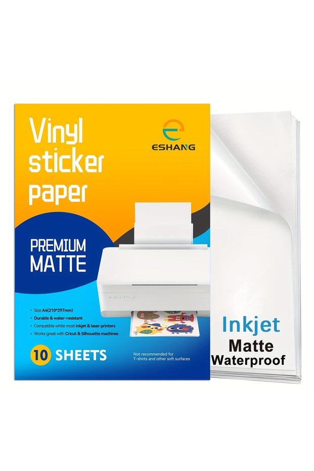 10Sheets-Matte ESHANG A4 10 Sheets Premium Printable Vinyl Sticker Paper for Inkjet Printer Matte Wh