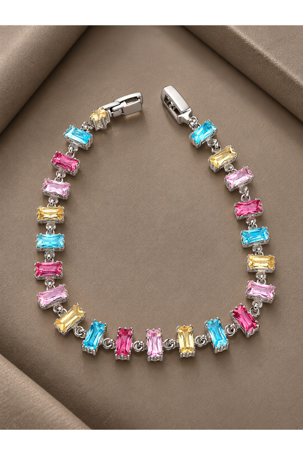 Crystal Stone Baguette Cut Mixed Color Silver Color Gema Women's Bracelet