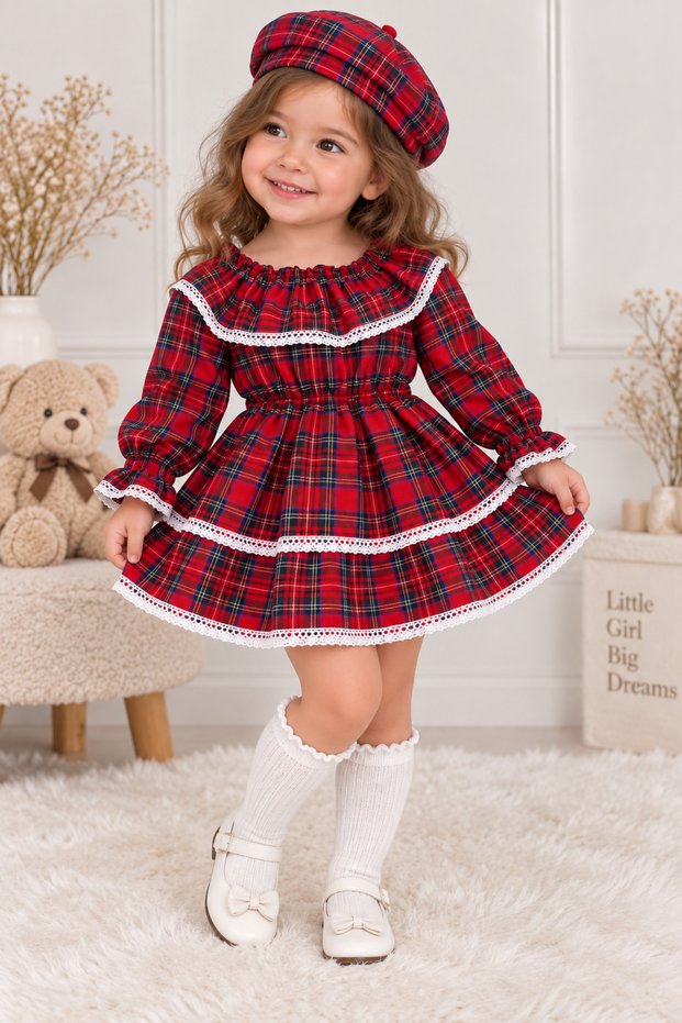 Baby Red Plaid Patterned Frilly Dress Hat Bandana Set