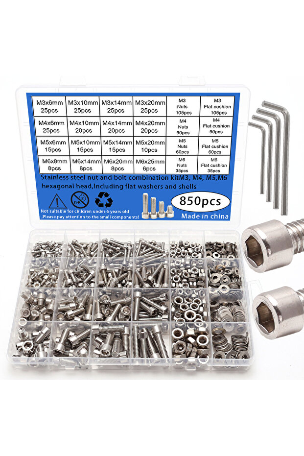 850pcs 850 PCS Stainless Steel Hexagon Nut and Bolt Combination Set - Including Flat Washer Wrench -