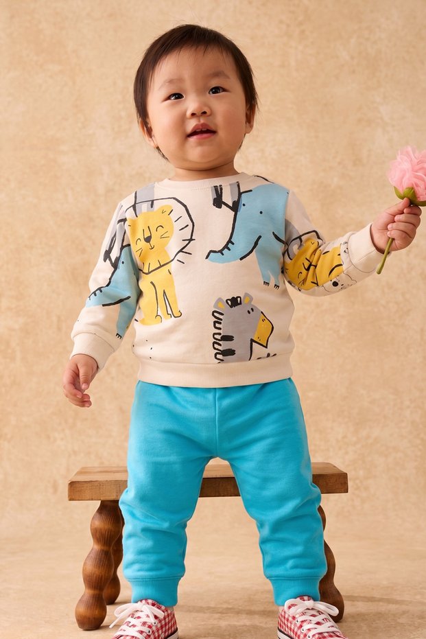 Baby Boy Cute Lion and Elephant Patterned Two Yarn Sweatshirt Set