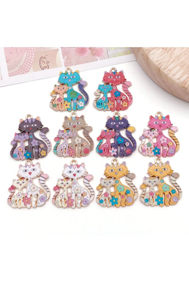 SN1580-10pcs Set of 5/10 Whimsical Oil-Drip Cat Charms - Artistic DIY Craft Supplies for Unique Hand