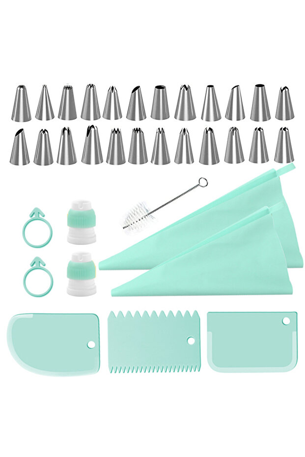 green 34pcs Piping Tips Set with TPU Bags & Scrapers - Icing Nozzles,Converters, Brush Complete Cake
