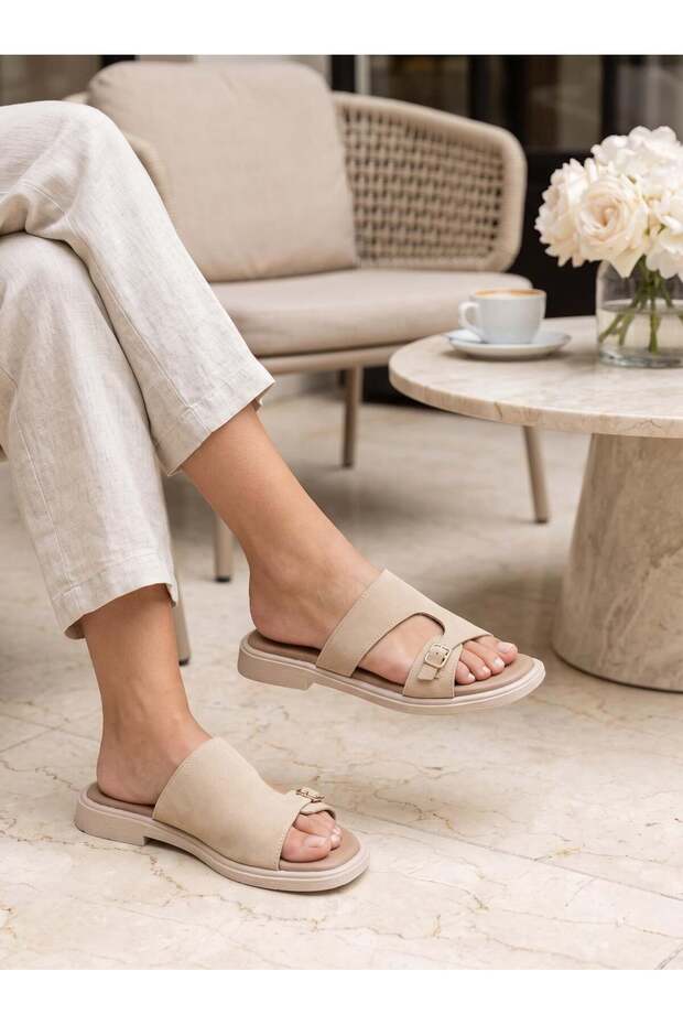 Dvm 210 Beige Suede Buckle Women's Slippers