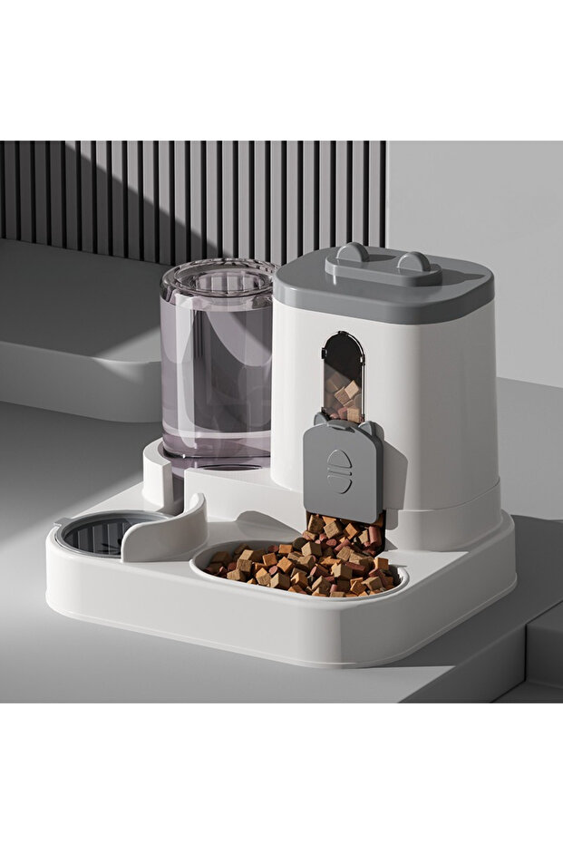 25x23x20cm Grey 1PC Cat Bowl Automatic Feeder with Spill Proof Design with Water Fountain Pet Food D