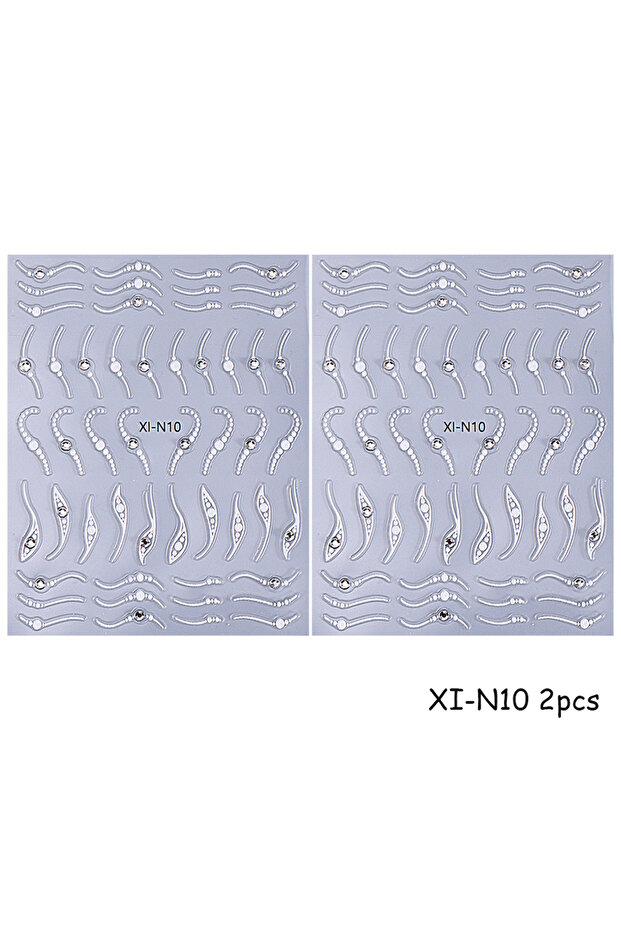 XI-N10 2pcs 3D Rhinestones Gold Silver French Nail Art Stickers White Wave Simple Line Design Adhesi