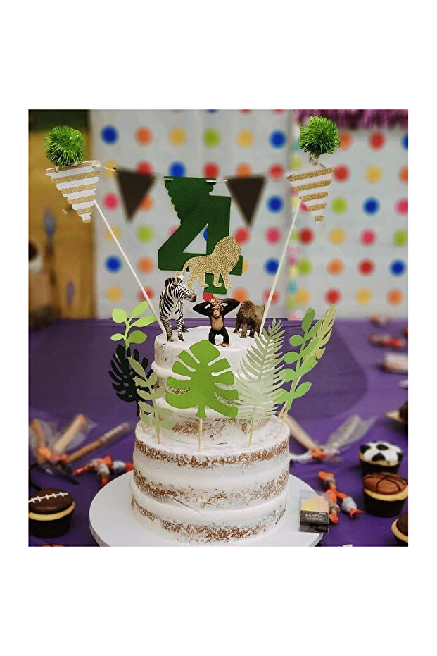 green 7Pcs Glittery Tropical Leaves Cake Topper Palm Leaf Cake Topper for Jungle Theme Birthday Part