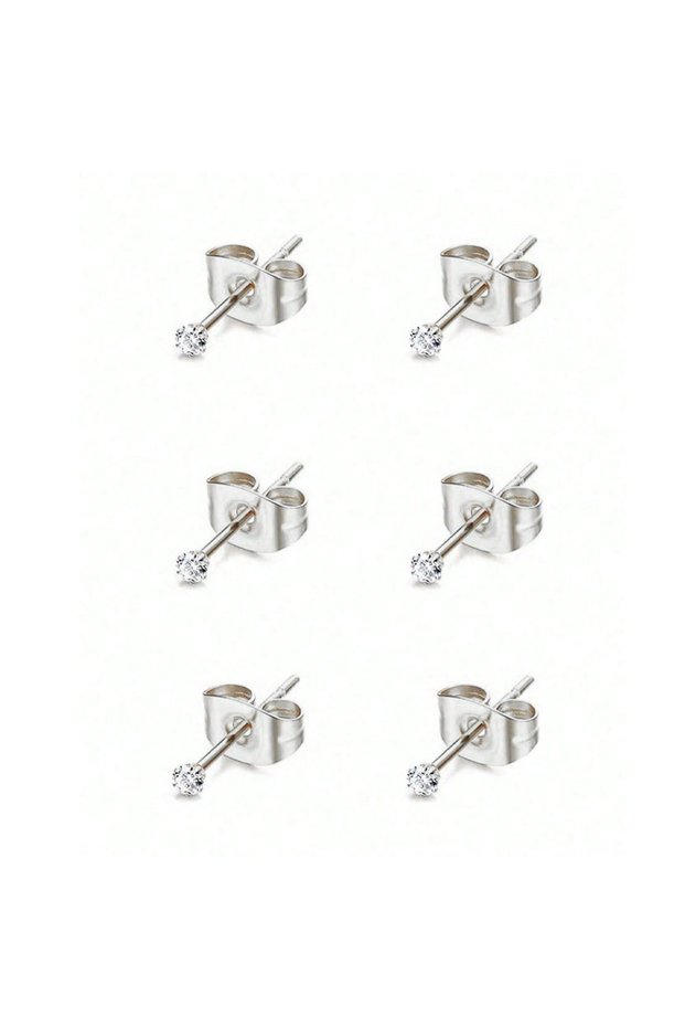 3Pairs Set3 3/6 Pairs Stainless Steel Round Clear Zirconia Stud Earrings for Women, Girls Fashion Ti