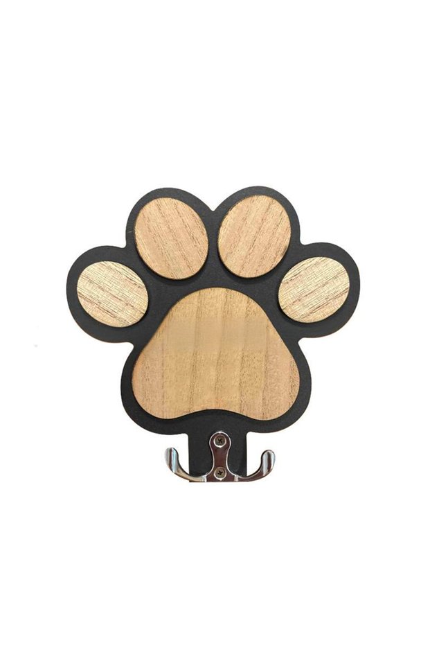 black Paw Print Wooden Dog Leash Hanger Wall Hook for Collars & Coats Wood with Paw Design Leash Hol