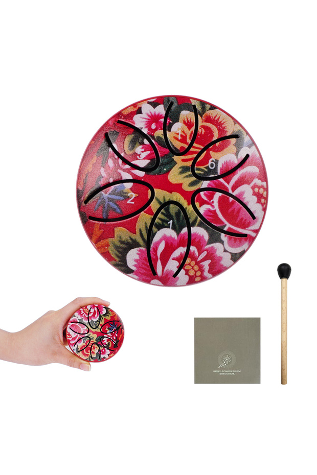 Red-Flower Dozzly Mini Handpan Drum 3 Inch 6 Notes Steel Tongue Chakra Drum Colorful Patterns for Yo