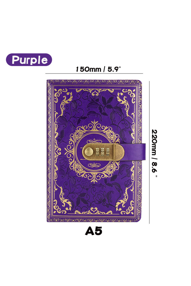 Purple Retro Digital Password Notebook Journal With Lock A5,Diary Perfect for Men and Women-PU Leath