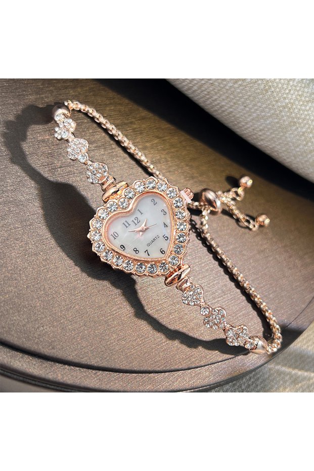 rose gold New Fashion Heart-shaped Ribbon-Strap Diamond-Studded Flower Watch for Women with Adjustab