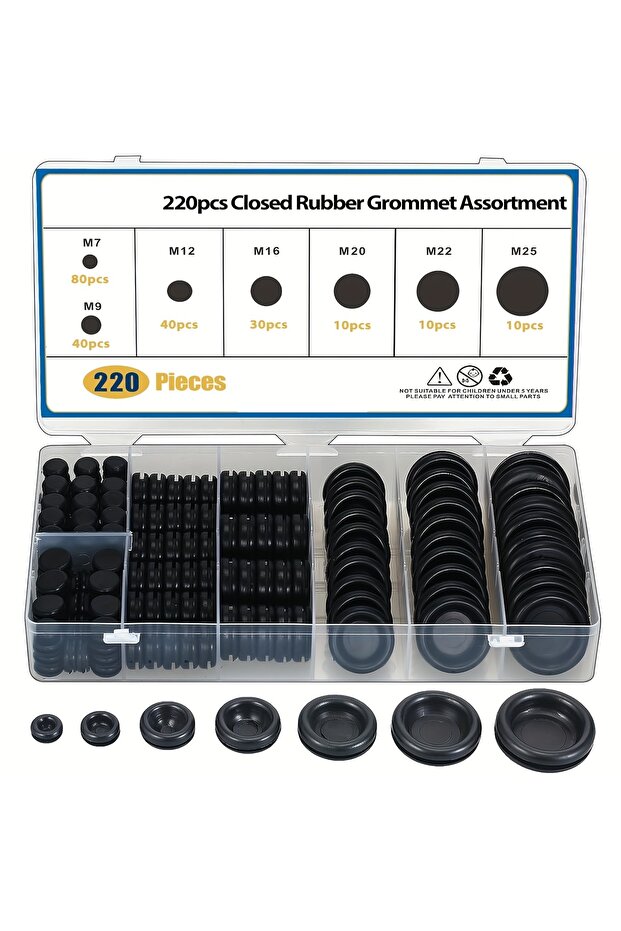 220Pcs 220-Piece Hollow Rubber Grommet Firewall Hole Plug Set, Rubber Grommet Kit M7, 9, 12, 16, 20,