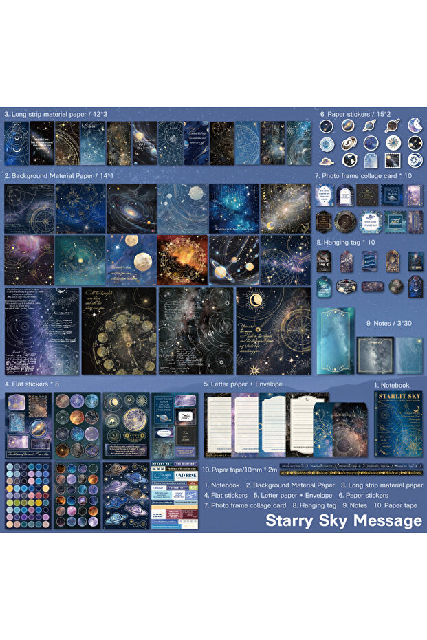 Starry Sky 201 Pcs Vintage Starry Sky Scrapbook Paper Kit Aesthetic Junk Journal Supplies with Scarp