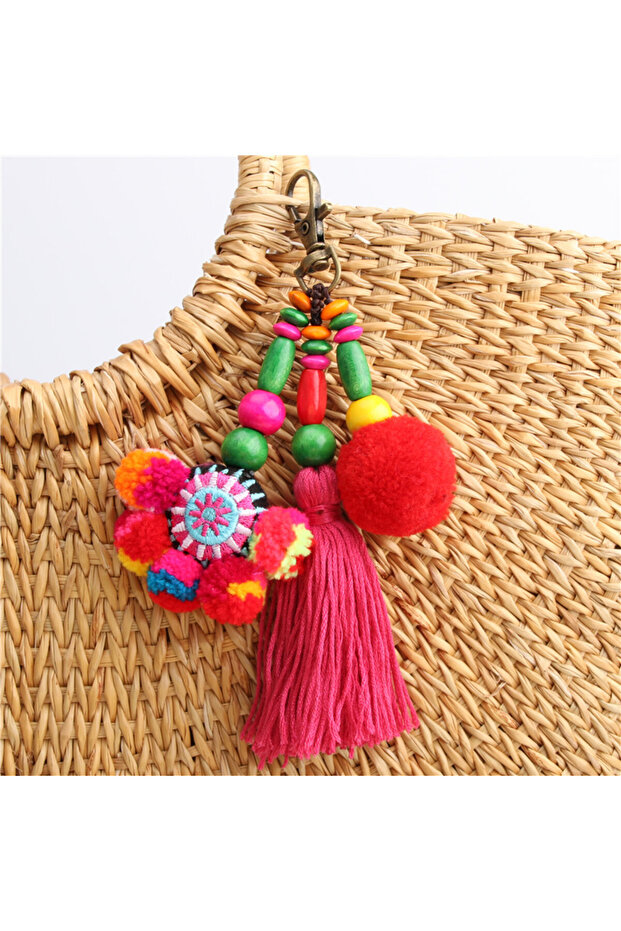 E1598 1pc Flower Charms Keychains Wooden Beads With Pompom Keyring Colorful Jewelry Boho Style