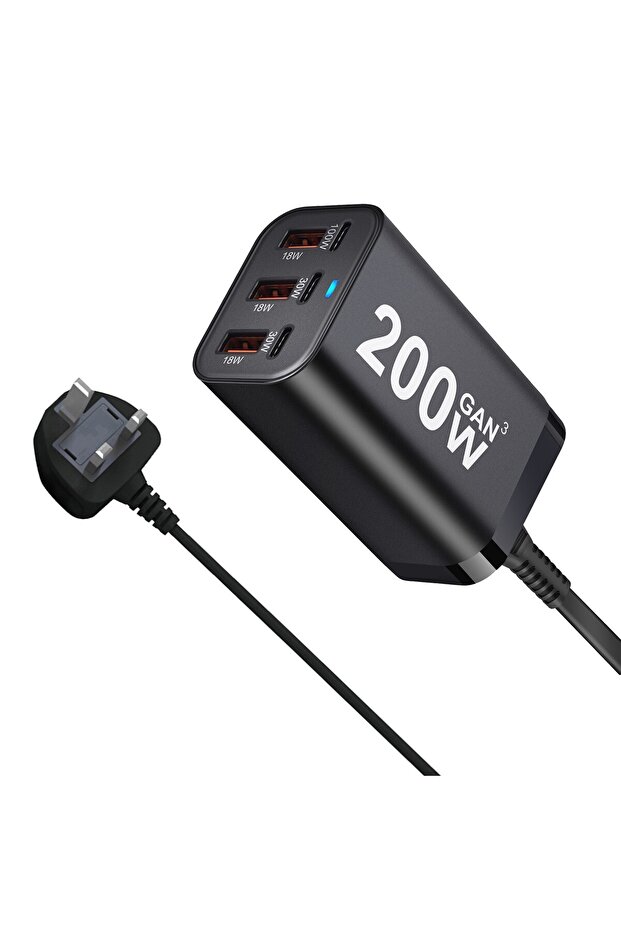 UK USB C Fast 200W 6-Port Charging Fast GaN Charger Power Adapter For iPhone 14/13/12 Series, Sams
