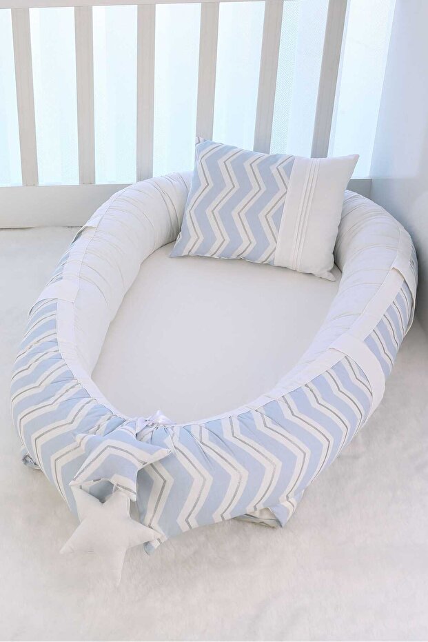 Babynest, Baby Sleeping Bed 0-2 Years - Cotton Fabric - Blue Zigzag