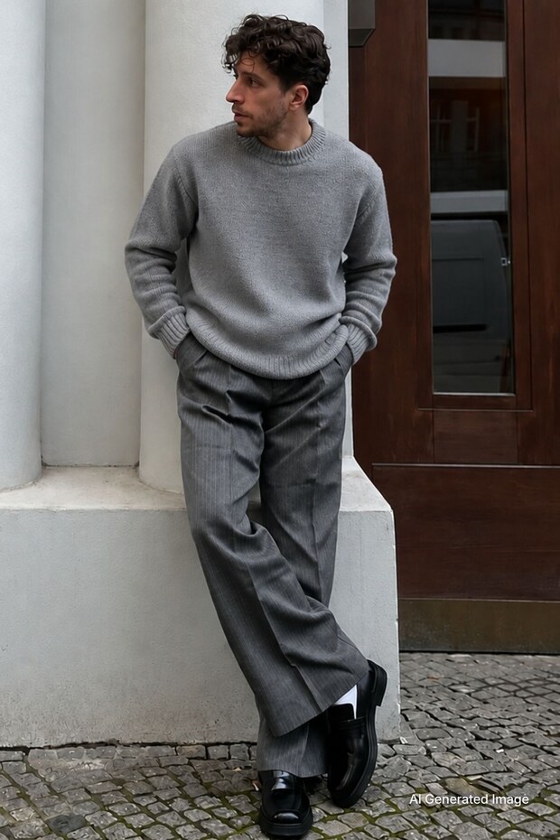Gray Crew Neck Overfit Men's Knitwear Sweater E7402