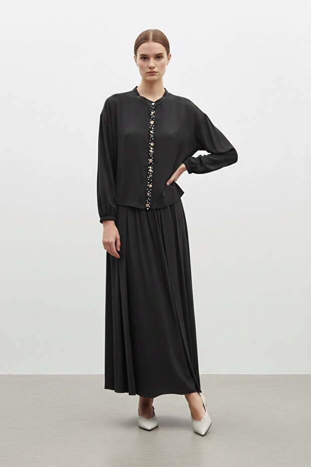 Women's Stone Button Detailed Blouse and Long Skirt Set-14434 Black