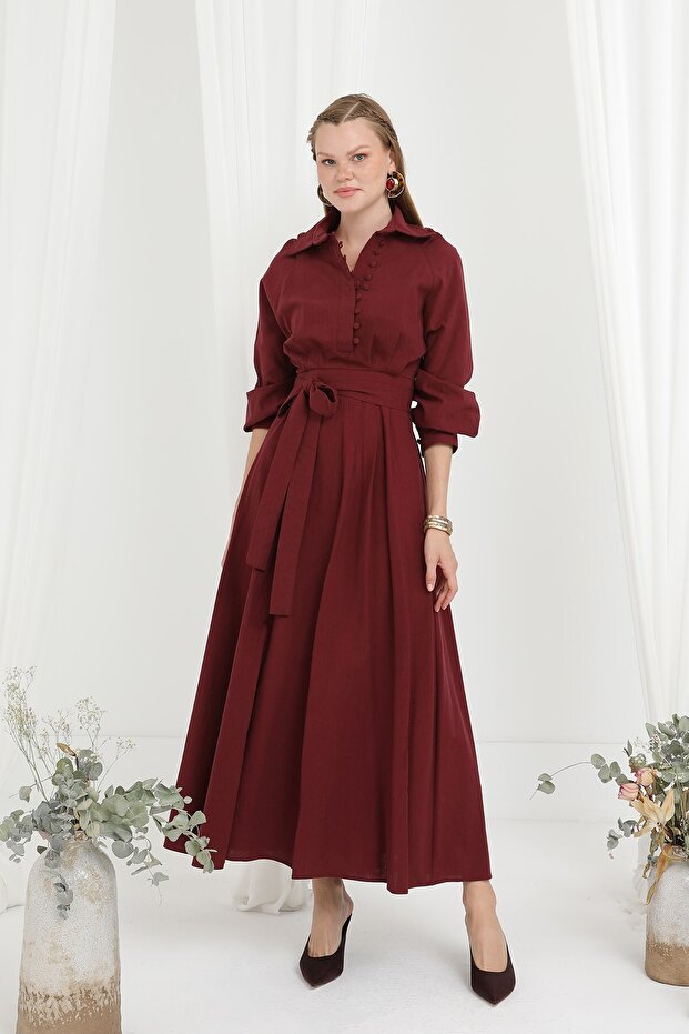 Women's Belted Button Detailed Judge Collar Dress - 20688Elb - Burgundy