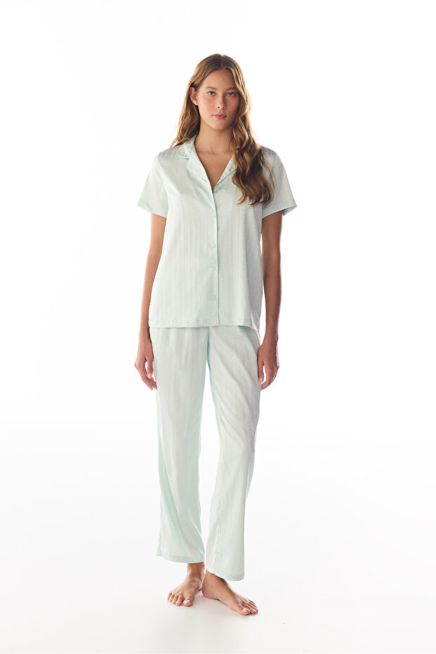 Mint Aurora Satin Floral Short Sleeve Shirt Pants Pajama Set