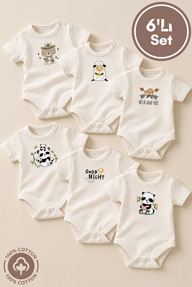Unisex 100% Cotton Minimal Printed 0-12 Months 6-Piece Short Sleeve Baby Bodysuit Set